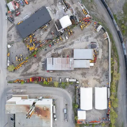 Aerial view of industrial construction site.
