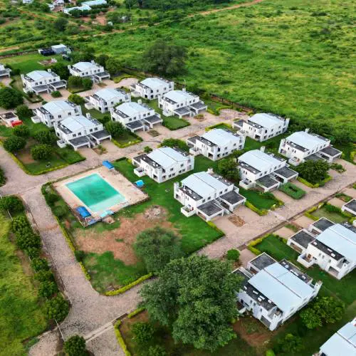 Aerial view of modern residential housing complex.