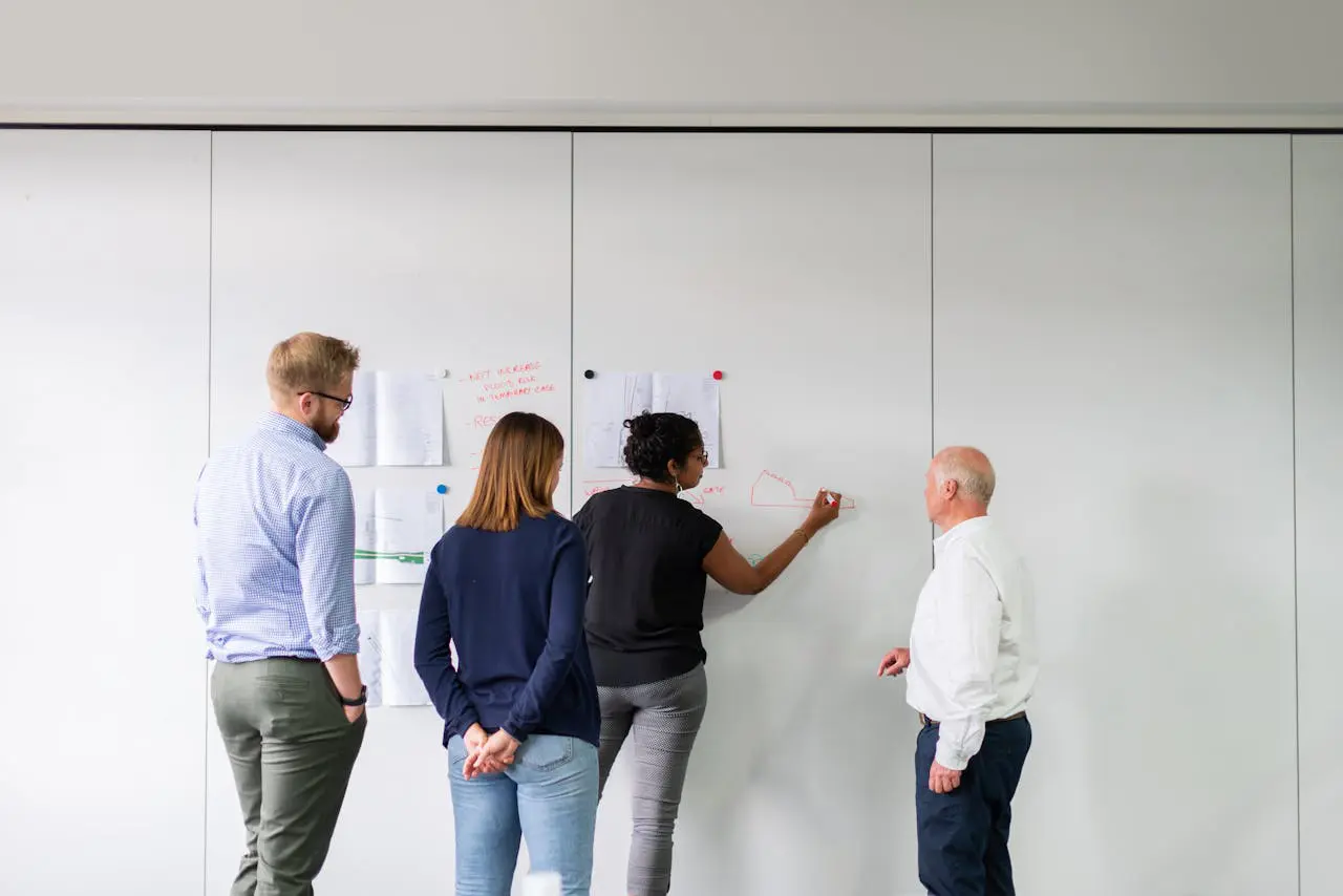 People collaborating on whiteboard with notes.