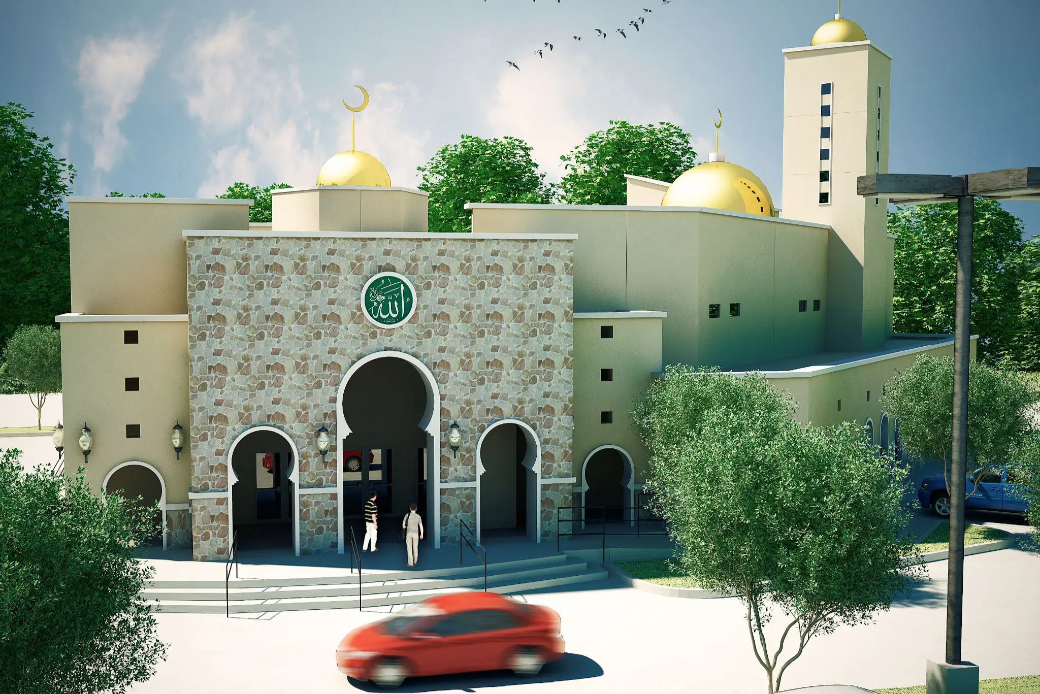 Mosque with golden domes and arched entrance