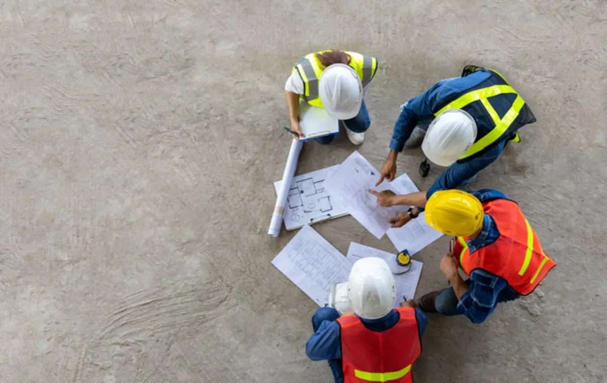 Construction workers reviewing blueprints from above