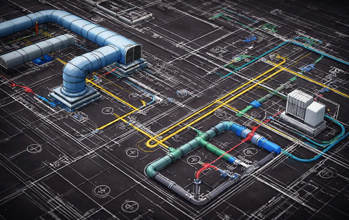 3D HVAC ductwork and piping on blueprint