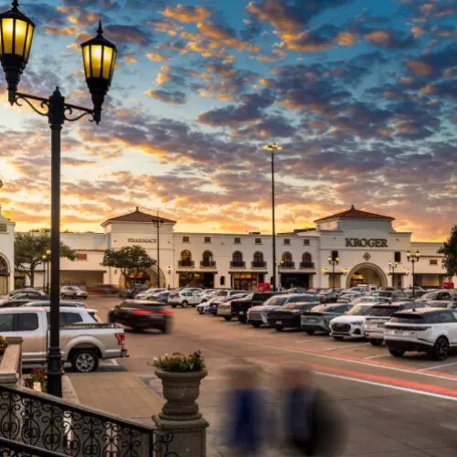 Sunset over Kroger shopping center parking lot