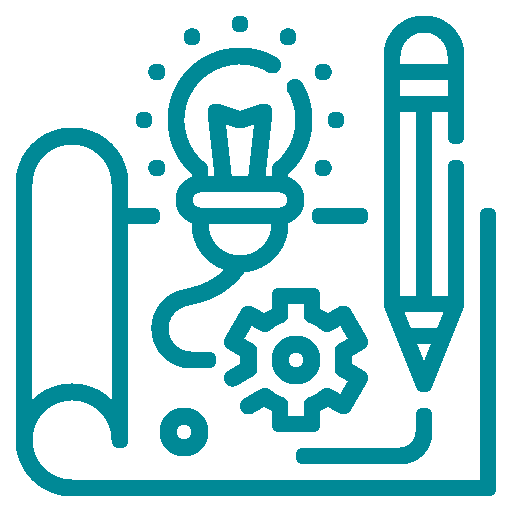 Blueprint with lightbulb, pencil, and gear.