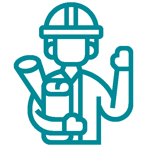 Engineer icon holding blueprints, wearing helmet.
